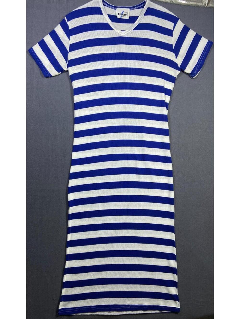 Vintage 90s Blue White Striped Beware Midi Dress Long Tall XLT 23x52 Nautical